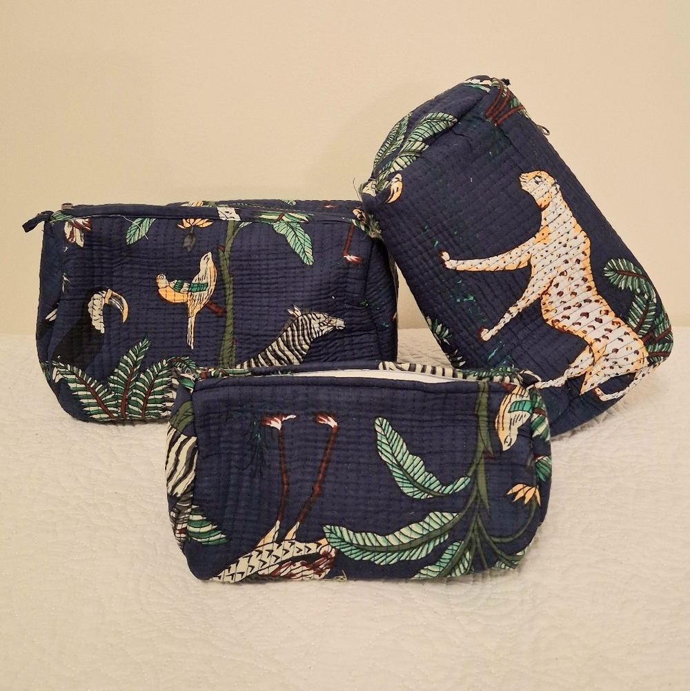 SET OF 3 NAVY BLUE ANIMAL PRINT QUILTED COSMETIC BAGS